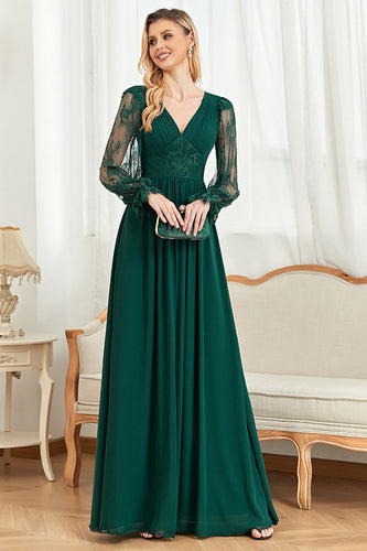 A-Line Green Long Sleeves V-Neck Long Formal Dress With Lace