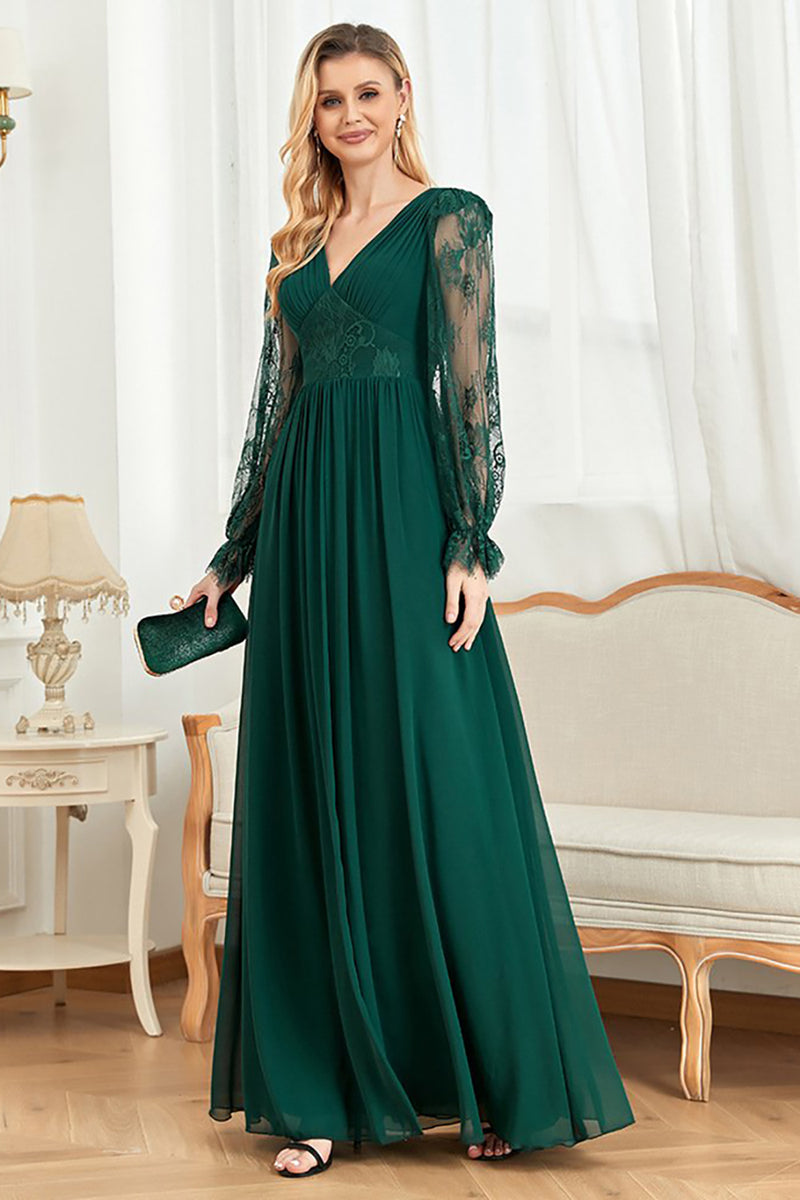 Load image into Gallery viewer, A-Line Green Long Sleeves V-Neck Long Formal Dress With Lace