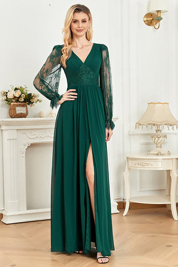 A-Line Green Long Sleeves V-Neck Long Formal Dress With Lace