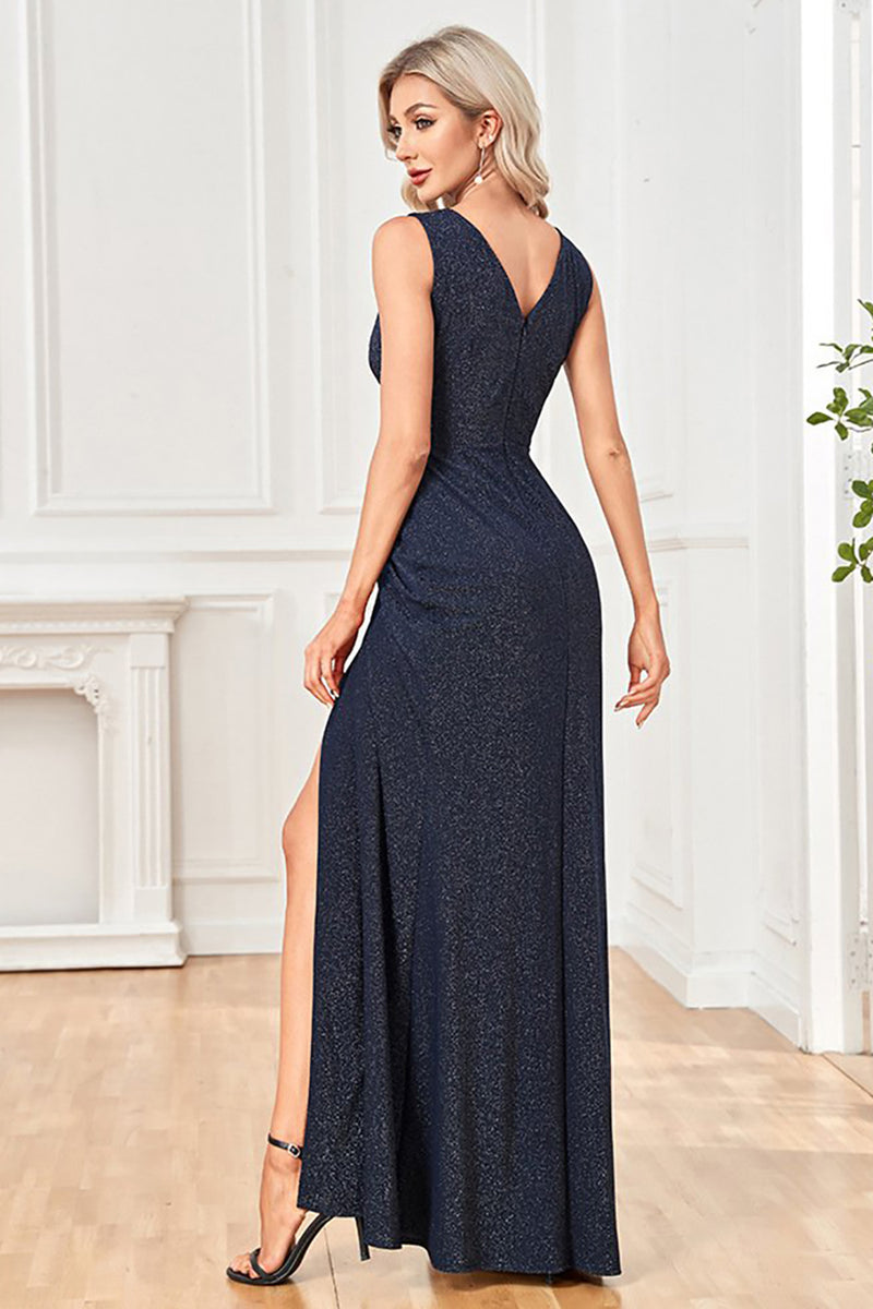 Load image into Gallery viewer, Navy Sparkly Sleeveless V-Neck Long Formal Dress With Slit