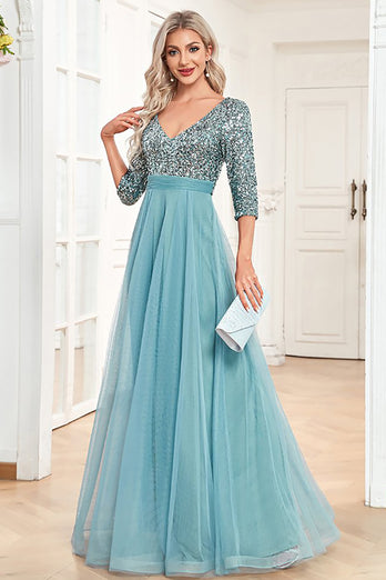 Grey Blue A-Line Sparkly Sequin V-Neck Long Formal Dress