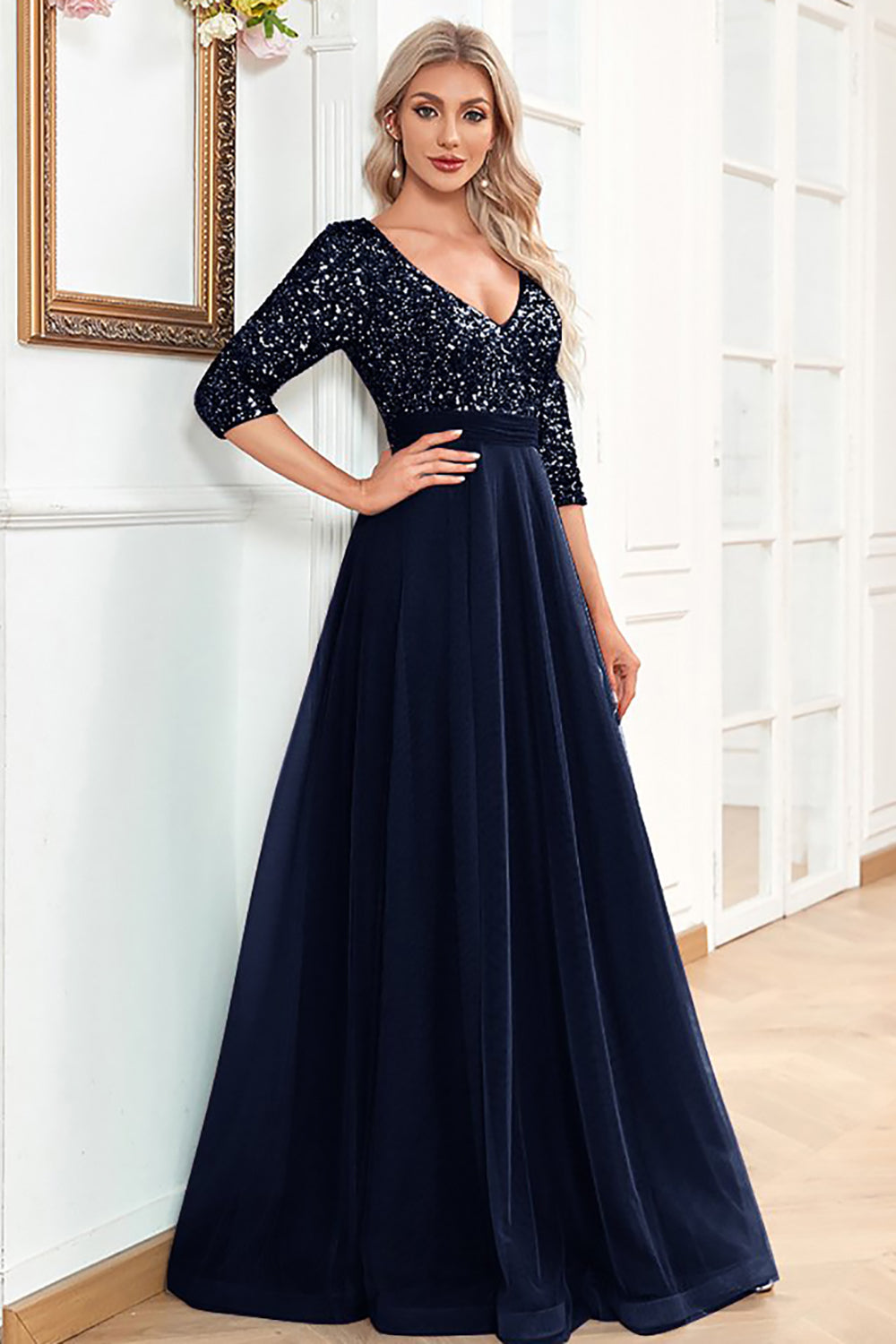 Grey Blue A-Line Sparkly Sequin V-Neck Long Formal Dress