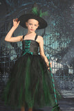 Dark Green Lace-Up Front Tulle Halloween Girl Dress