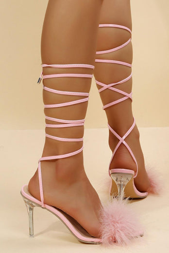 Pink Feathers Open Toe Stiletto Sandals with Lace-up