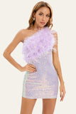 Purple Bodycon One-Shoulder Sequin Patchwork Cocktail Dress With Feather