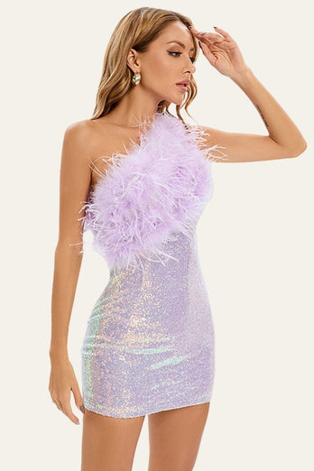Purple Bodycon One-Shoulder Sequin Patchwork Cocktail Dress With Feather