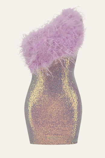 Purple Bodycon One-Shoulder Sequin Patchwork Cocktail Dress With Feather