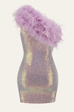 Purple Bodycon One-Shoulder Sequin Patchwork Cocktail Dress With Feather