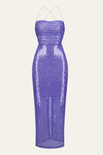 Sequin Backless Purple Strappy Halter-Neck Long Party Dress
