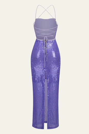 Sequin Backless Purple Strappy Halter-Neck Long Party Dress