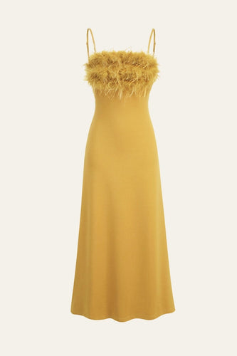 Yellow High-Quality Stitching Waist-Hugging Long Party Dress With Feather