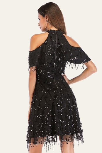 Black A-Line Stand-Up Collar Cold Shoulder Tassel Sequin Party Dress