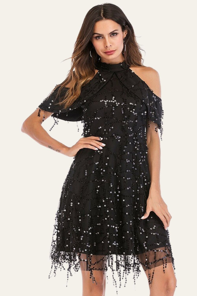 Load image into Gallery viewer, Black A-Line Stand-Up Collar Cold Shoulder Tassel Sequin Party Dress