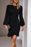 Black Bodycon Round Neck Short Party Dress With Puff sleeve