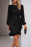 Black Bodycon Round Neck Short Party Dress With Puff sleeve