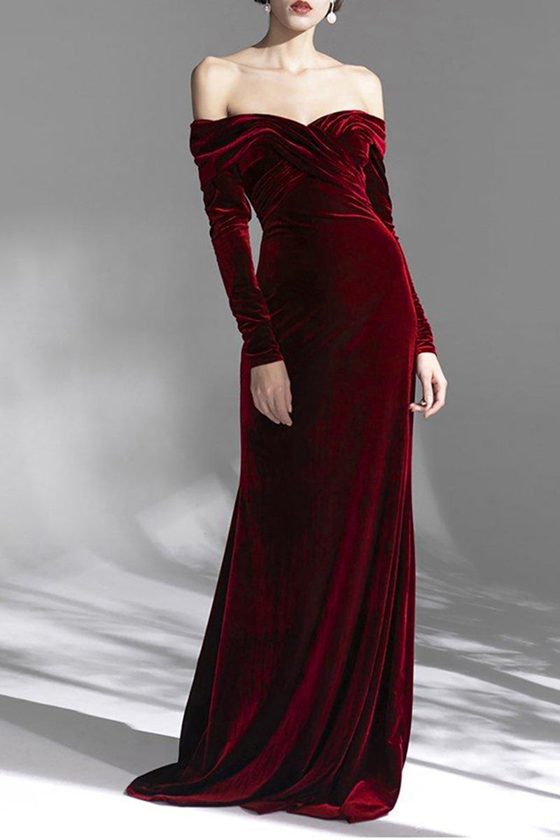 Load image into Gallery viewer, Burgundy Velvet Off the Shoulder Long Sleeves Floor Length Evening Dress