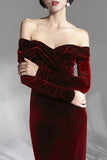 Burgundy Velvet Off the Shoulder Long Sleeves Floor Length Evening Dress