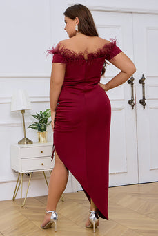 Burgundy Plus Size Off the Shoulder Bodycon Pleated Feather Formal Dress