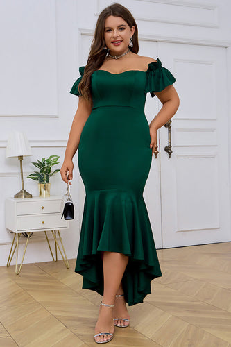 Dark Green Off the Shoulder Ruffles Short Sleeves Mermaid Plus Size Evening Dress