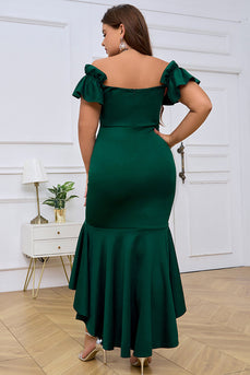 Dark Green Off the Shoulder Ruffles Short Sleeves Mermaid Plus Size Evening Dress