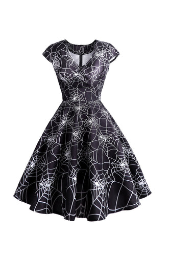 Halloween Spiderweb Black A-line V-neck Dress