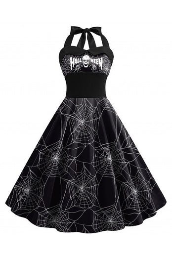 Halloween Pattern Black Halter Neck Vintage Dress
