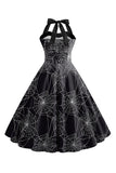 Halloween Pattern Black Halter Neck Vintage Dress