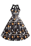 Halloween Pattern Black Halter Neck Vintage Dress