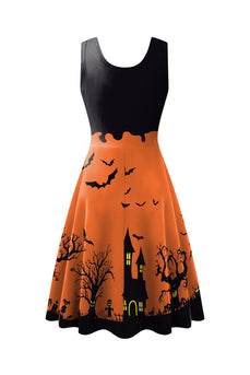 Orange Castle Pattern Halloween Sleeveless A-line Dress