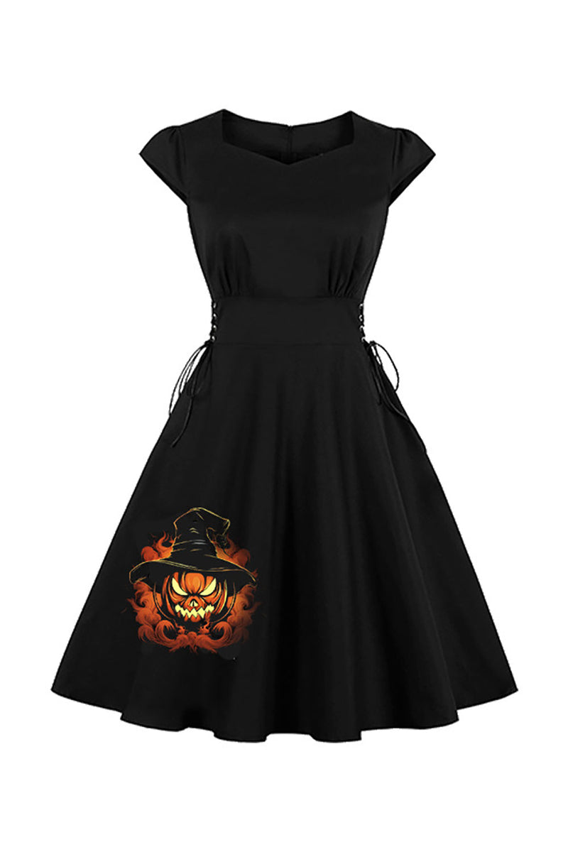 Load image into Gallery viewer, Black Wizard Pattern Halloween A-line Sweatheart Vintage Dress