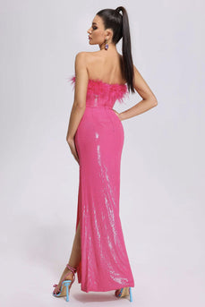 Hot Pink Strapless Sequins Sparkly Formal Dress with Feathers