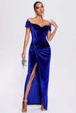 Off the Shoulder Royal Blue Velvet Holiday Party Dress with Slit