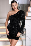 One Shoulder Sequins Little Black Dress with Feathers