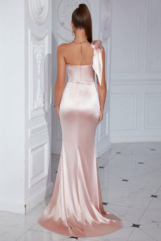 One Shoulder Pink Corset Formal Dress with Ruffles
