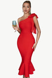 Red One Shoulder Mermaid Cocktail Dress with Bow Knot