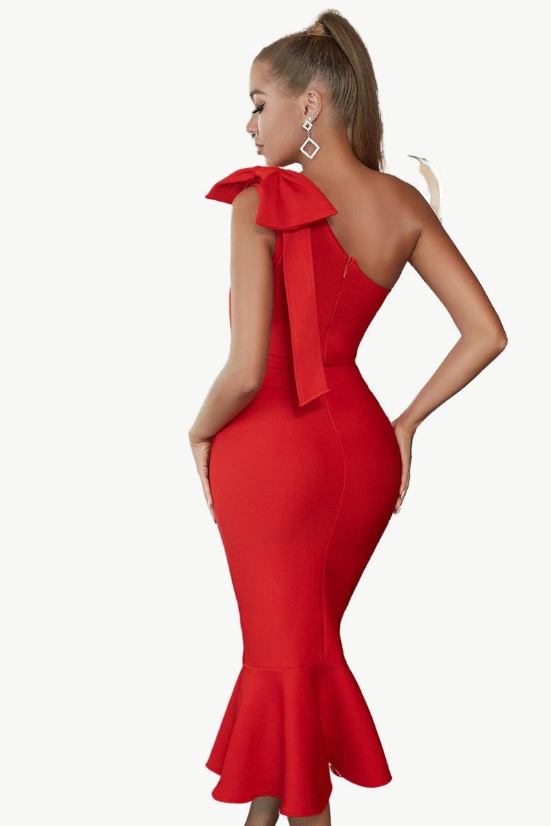 Load image into Gallery viewer, Red One Shoulder Mermaid Cocktail Dress with Bow Knot