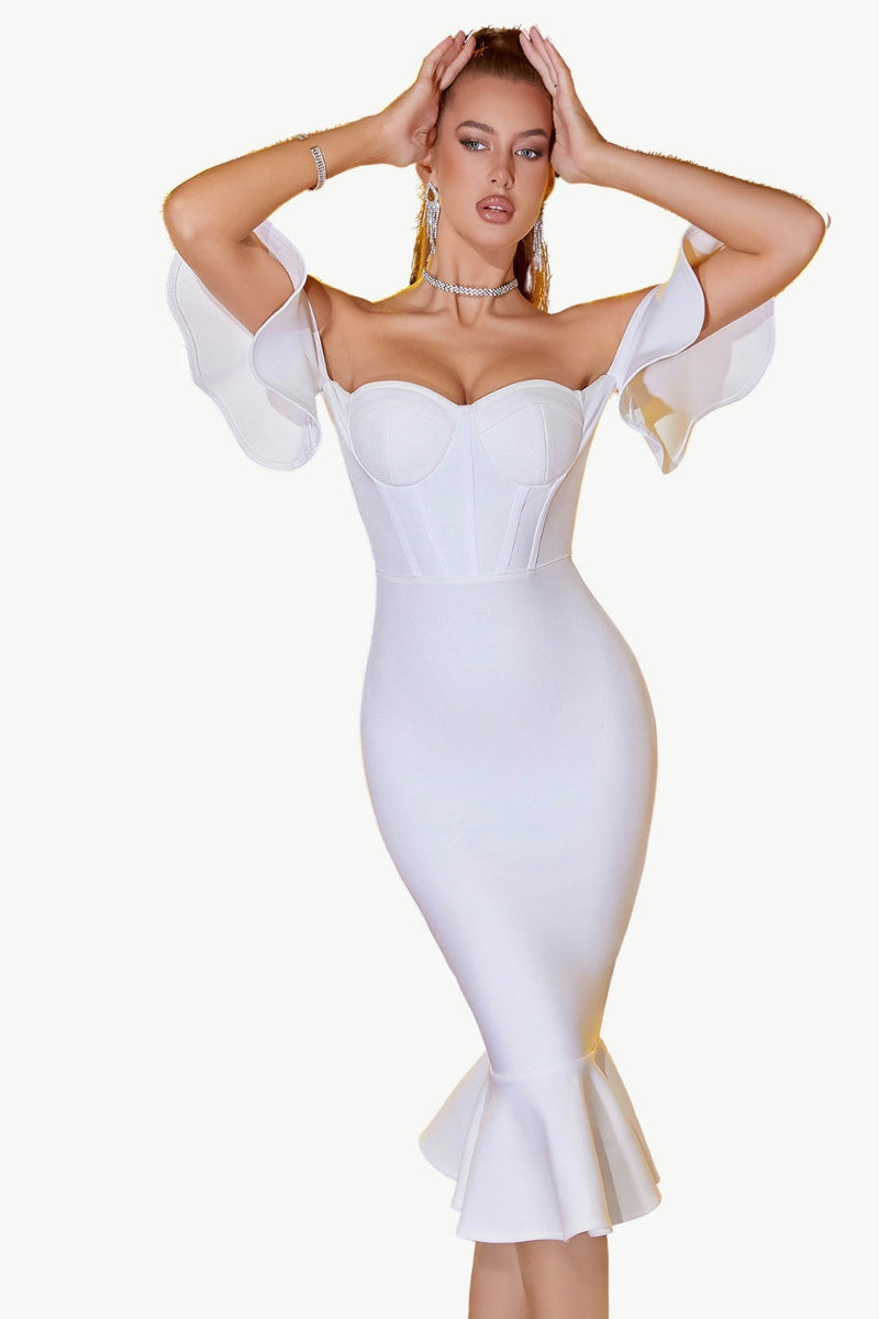 Load image into Gallery viewer, White Bodycon Off The Shoulder Midi Formal Dress With Ruffles