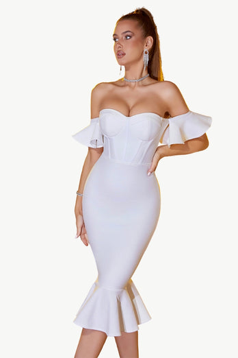 White Bodycon Off The Shoulder Midi Formal Dress With Ruffles