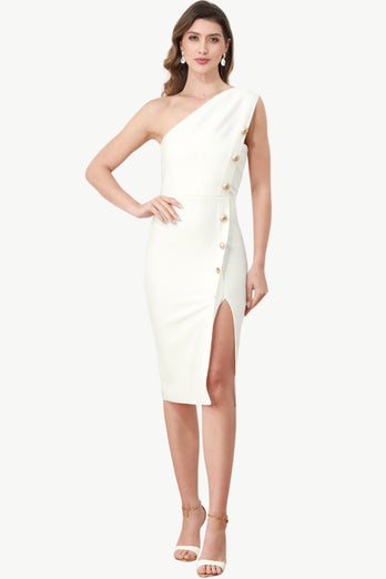 One Shoulder White Bodycon Dress with Buttons