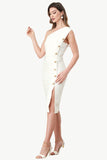 One Shoulder White Bodycon Dress with Buttons