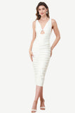 V-Neck Keyhole White Party Dress with Ruffles