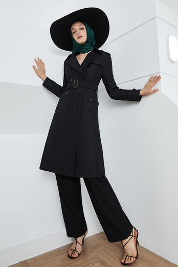 Black Double Breasted Notched Lapel Fitted Long Trench Coat with Belt