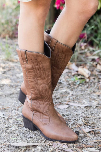 Brown Pointed Toe High Cowgirl Boots