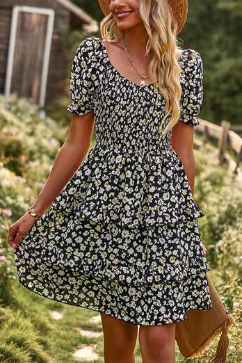 Off the Shoulder Black Floral Print Summer Dress