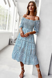 Square Neck Blue Floral Printed Summer Dress