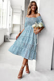 Square Neck Blue Floral Printed Summer Dress