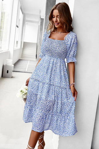 Square Neck Blue Floral Printed Summer Dress