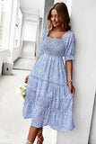 Square Neck Blue Floral Printed Summer Dress