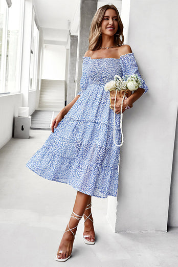 Square Neck Blue Floral Printed Summer Dress