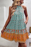 Halter Neck Bohemian Style Printed Green Summer Dress